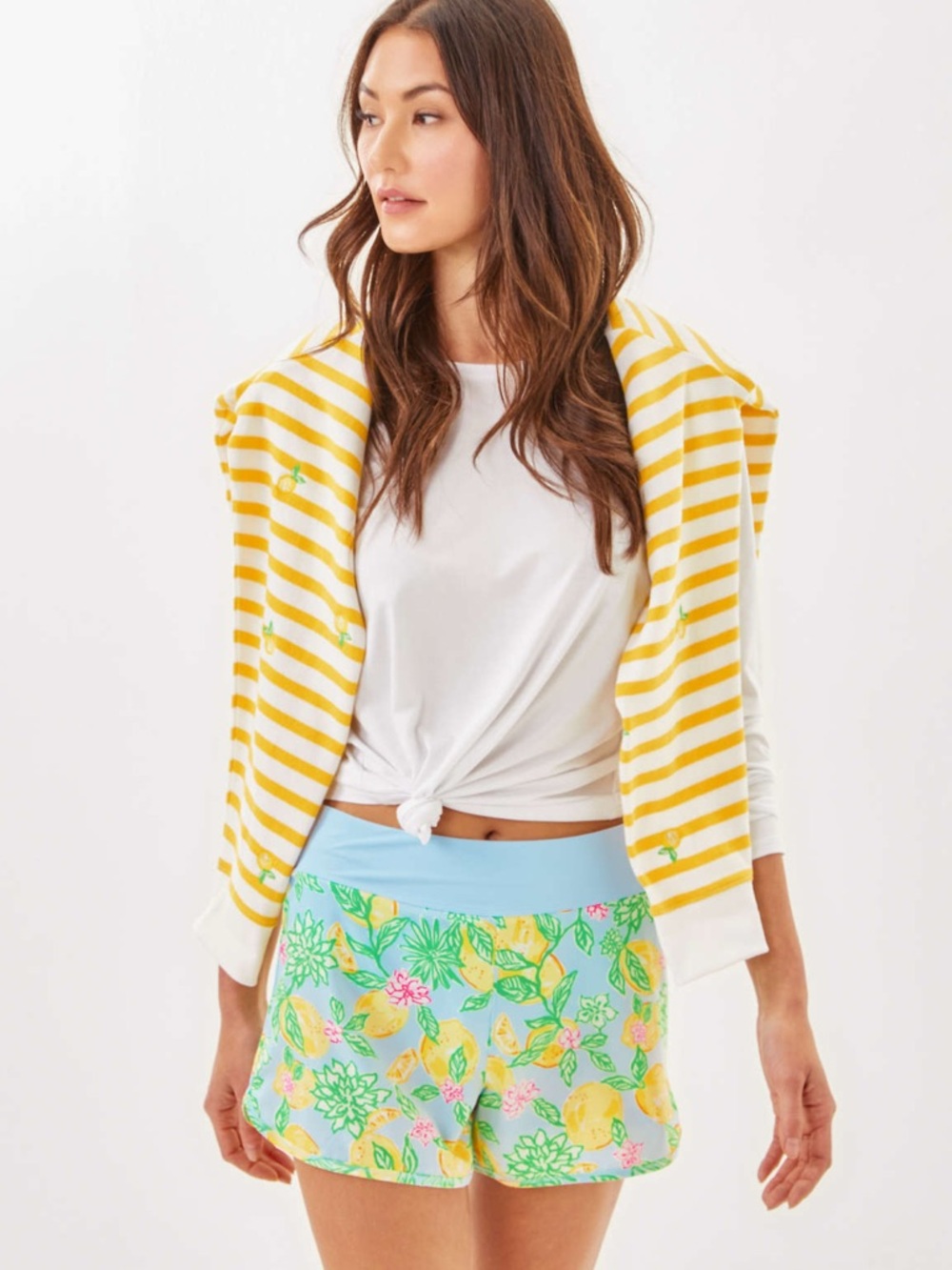 Lilly Pulitzer Mint Floral Lemon Print Shorts with Blue Waistband